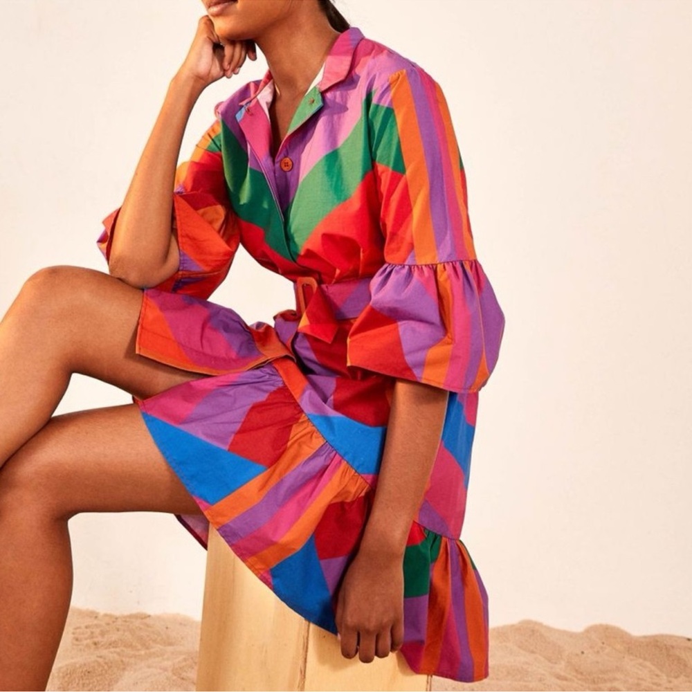 Farm Rio Amanda Stripes Colorful Striped Mini Tiered Ruffle Button Front Dress